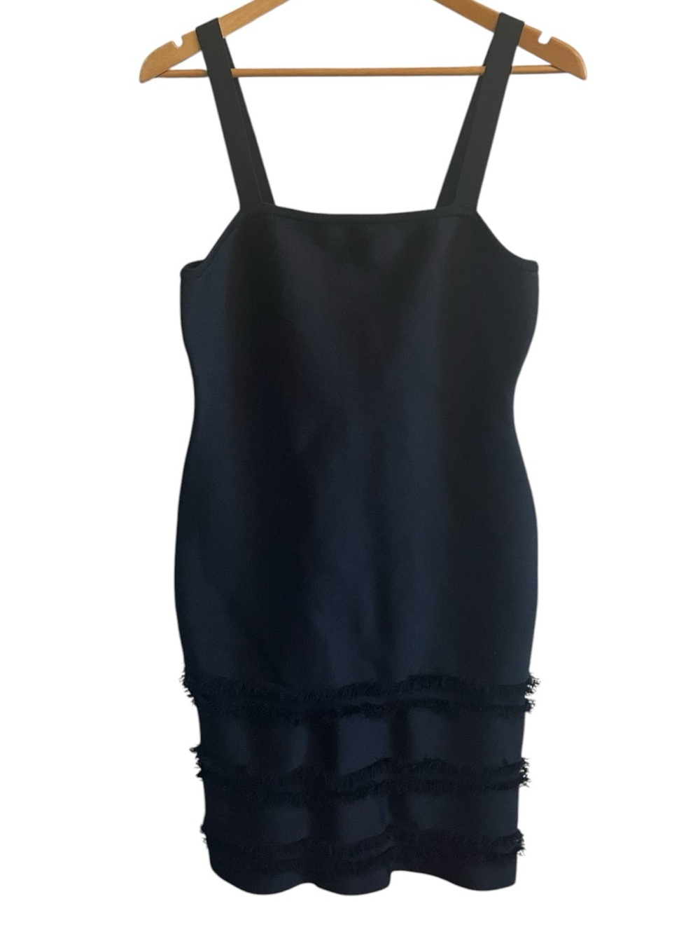 H8- Black Fringe Hem Body Con Medium BCBGeneration stretch Sleeveless Dress